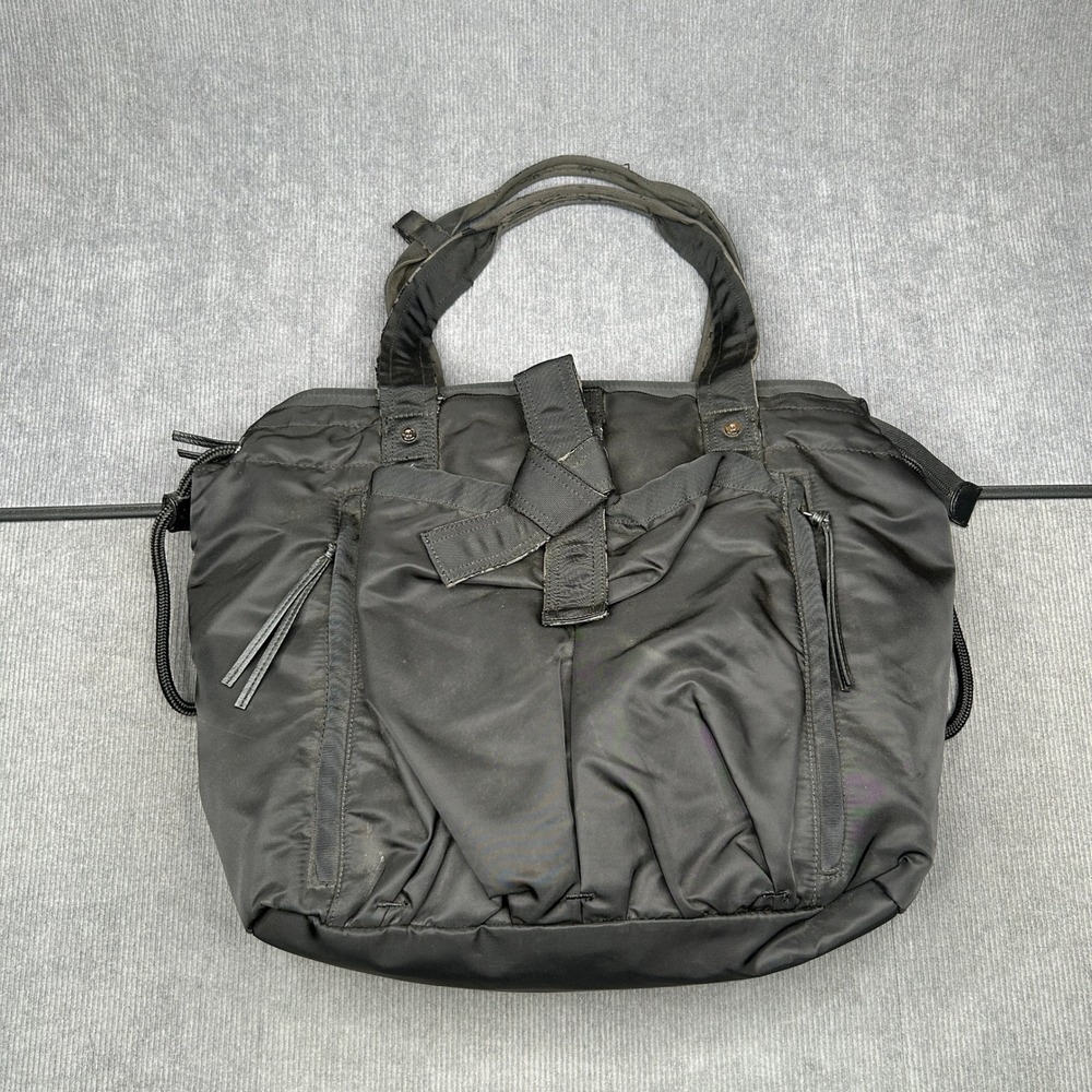 Black Nylon Utility Tote Bag Multi-Pocket Drawstring Shoulder Y2k Bag With Pouch